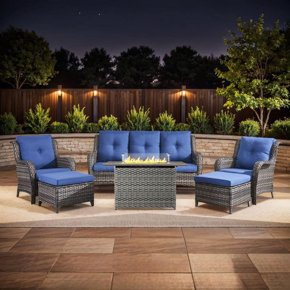 Arcline 6-Piece Gray Wicker Fire Pit Conversation Set with Olefin Blue Cushions and Lounge Chairs and Couch price history on PriceWatchPro