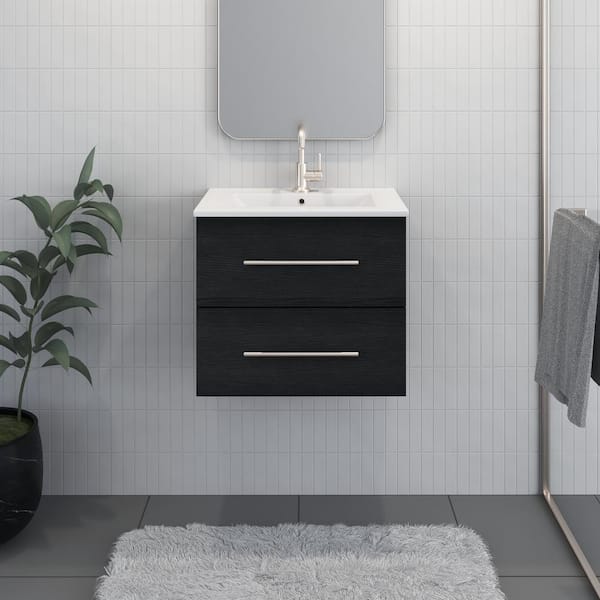 VOLPA USA AMERICAN CRAFTED VANITIES Napa 24 in. W x 18 in. D Floating Bath Vanity in Black Ash with Ceramic Vanity Top in White with White Basin