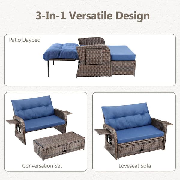 PlainCurve Brown 4-Piece Wicker Patio Conversation Set with Daybed, Recliner Chairs, and Navy Blue Cushions