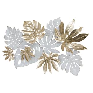 Gold and White Tropical Leaves Metal Mixed Media Wall Art