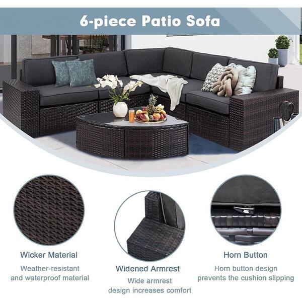 Brown 6 Piece Wicker Outdoor Sectional Set with Dark Grey Cushions and Wedge Table