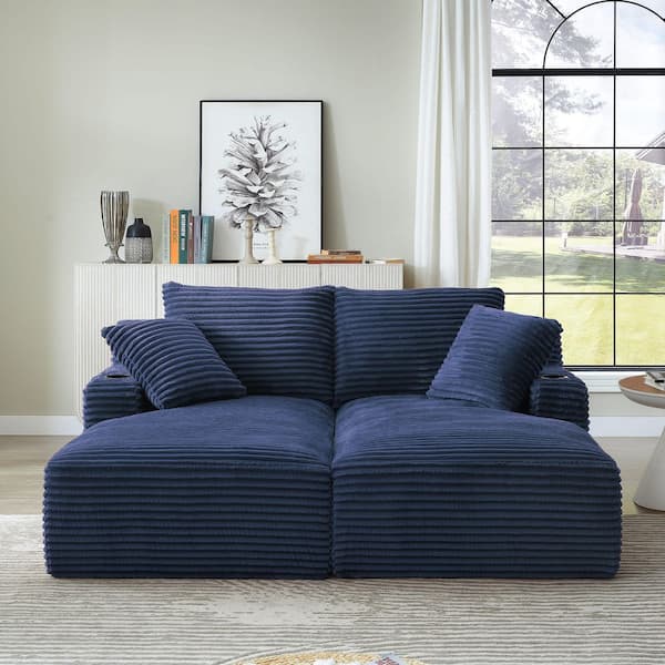 Jasper Modern Blue Corduroy Upholstered Double Chaise Lounge Sofa with Cup Holder, 2-Pillows
