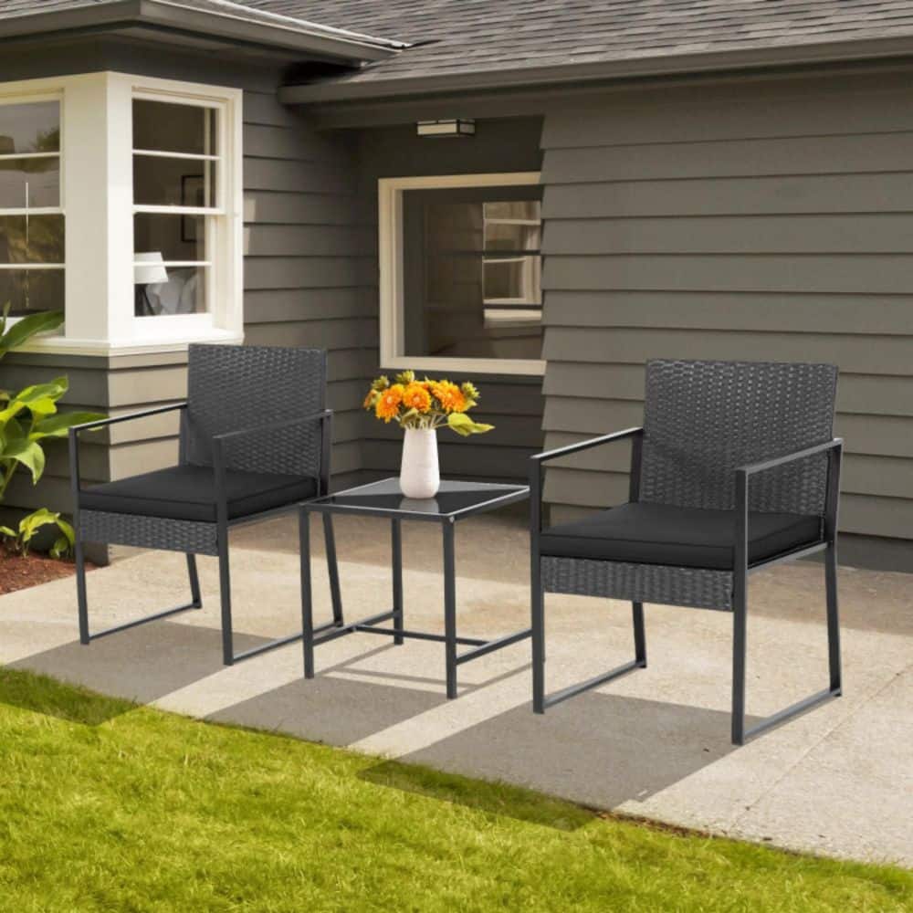 3-Piece PE Wicker Rattan Patio Conversation Set Outdoor Bistro Set with Black Cushions price history on PriceWatchPro