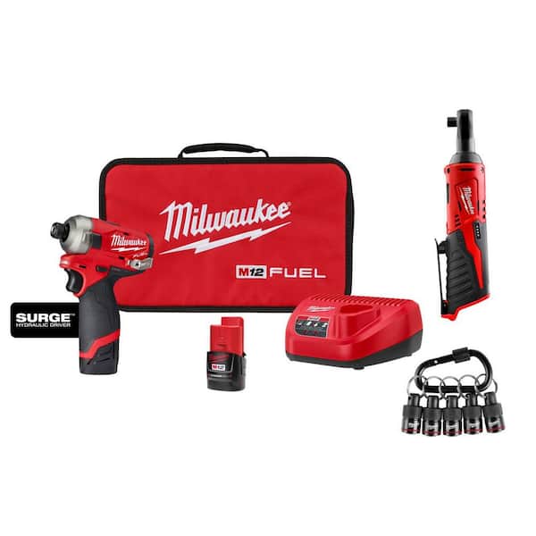 M12 FUEL SURGE 12V 1/4 in. Hex Impact Driver Kit w/ (2) 2. 0Ah Batteries, Bag with M12 3/8 in. Ratchet with Carabiner