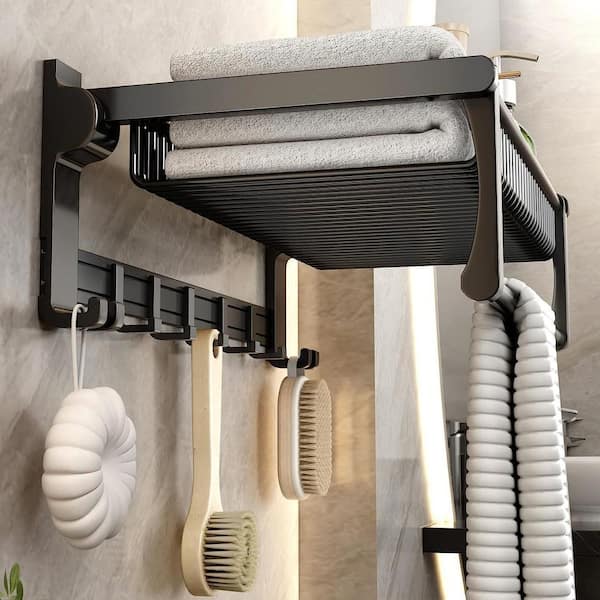 Foldable Towel Rack Bathroom Storage Shelf, Adhesive Towel Bar Shower Caddy  Bathroom Organizer, 24in Aluminium Wall Mounted Racks, Bathroom Hardware