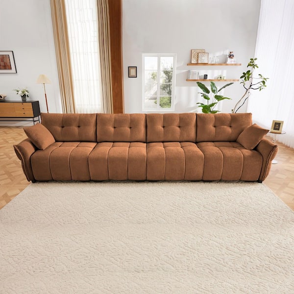 Tina 141.7 in. Flared Arm Chenille Upholstered Rectangle Sectional Sofa in. Burnt Orange with Throw Pillows