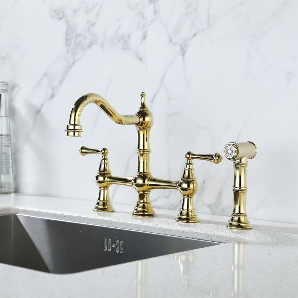 FLG Double Handle Bridge Kitchen Faucet with Side Sprayer 4 Holes Brass ...