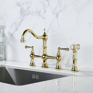 Double Handle Bridge Kitchen Faucet with Side Sprayer 4 Holes Brass Widespread Kitchen Sink Faucets in Polished Gold