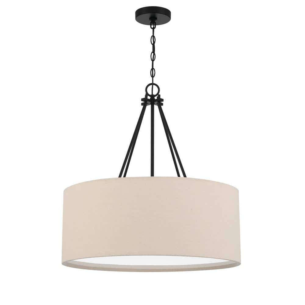 Elegant Flat Black Duke 3-Light 24" Pendant with Beige Linen Shade