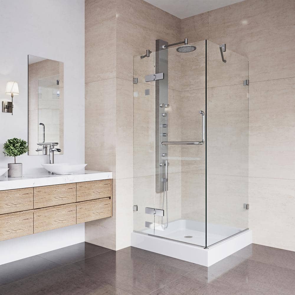 Monteray Frameless Clear Glass Hinged Shower Enclosure with Brushed Nickel Hardware
