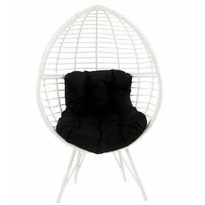 White Egg Shape Wicker Outdoor Hanging Patio Chaise Lounge Chair with Stand and Black Cushions