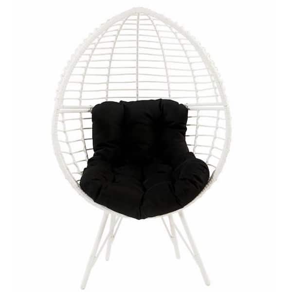 waelph White Egg Shape Wicker Outdoor Hanging Patio Chaise Lounge Chair with Stand and Black Cushions