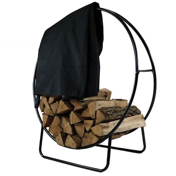 Sunnydaze 40 in. Black Steel Firewood Log Hoop Rack with Black Cover
