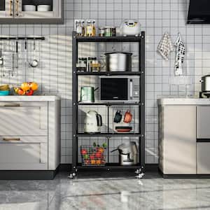 5-Tier Black Metal Kitchen Shelf Foldable Storage Rack with WheelsMultifunctional Cart