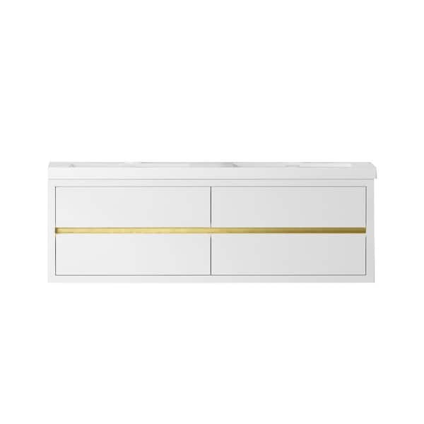 71 in. W x 20 in. D x 22 in. H Double Sink Wall-Mounted Bath Vanity in Glossy White with White Solid Surface Top