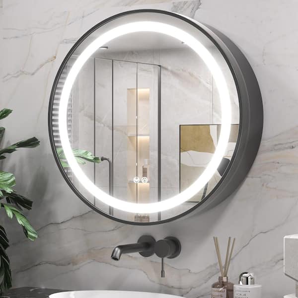24 in. W x 24 in. H Round Metal Framed Surface Mount LED Light Medicine Cabinet with Mirror in Black Anti-Fog Dimmable