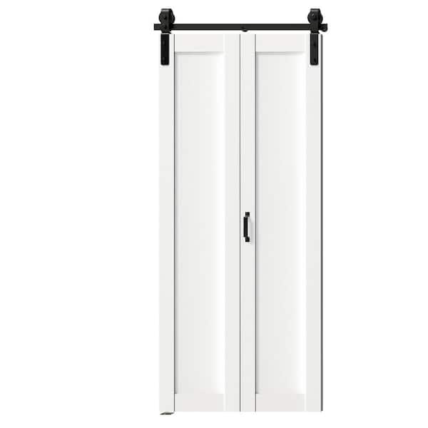 TENONER 30 in. x 84 in. White, 1 Panel Finished, Paneled MDF, Bi-Fold Style Sliding Barn Door with Hardware Kit