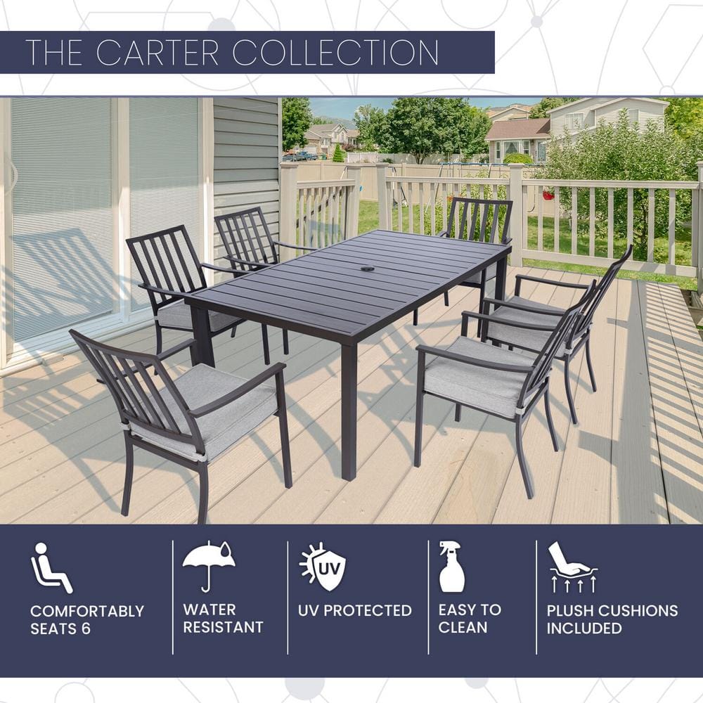 Carter 7-Piece Pewter Grey Aluminum Outdoor Dining Set with Cushions