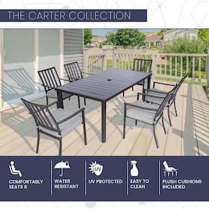 Carter 7-Piece Aluminum Outdoor Dining Set w/ Gray Cushions with All-Weather Frames, 6 Chairs, 72 in. x40 in. Slat Table