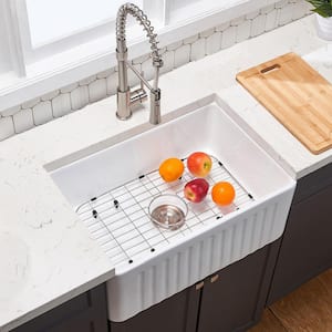 36 in. Farmhouse Single Bowl White Fireclay Kitchen Sink with Bottom Grids