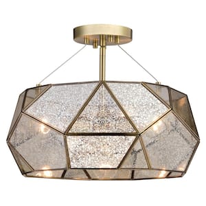 Euclid 16 in. W Gold Aged Brass Contemporary Geometric Semi Flush Mount Ceiling Light Fixture with Silver Mercury Glass