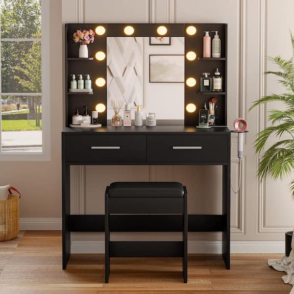 Makeup Vanity Sets with Mirror and Power Outlet, Dressing Table Sets with 2-Drawers, 4-Storage Shelves and Bench, Black