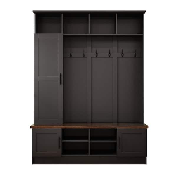 Modern Hall Tree with 6 Hooks, Walnut Storage Bench with Adjustable Shelves, Storage Space, Black plus Dark Walnut