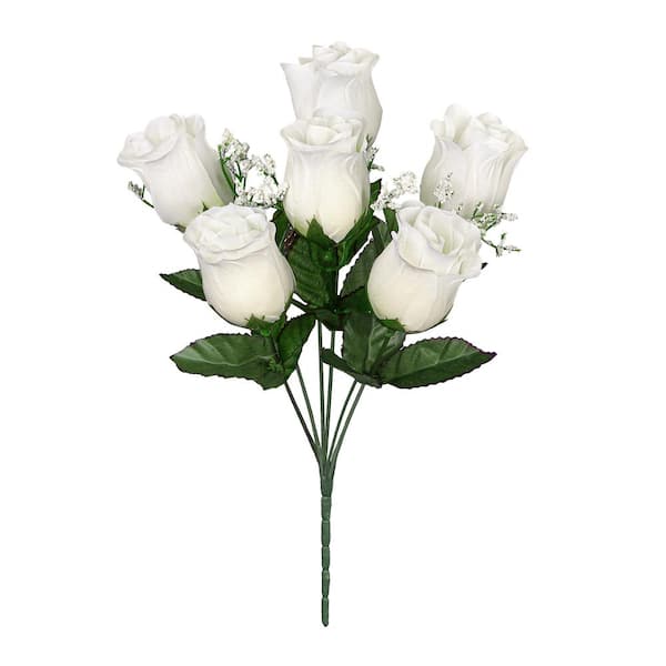LIVING LUXURY 14 in. Cream White Artificial Rose Bud Flower Stem Bush Bouquet (Set of 12)