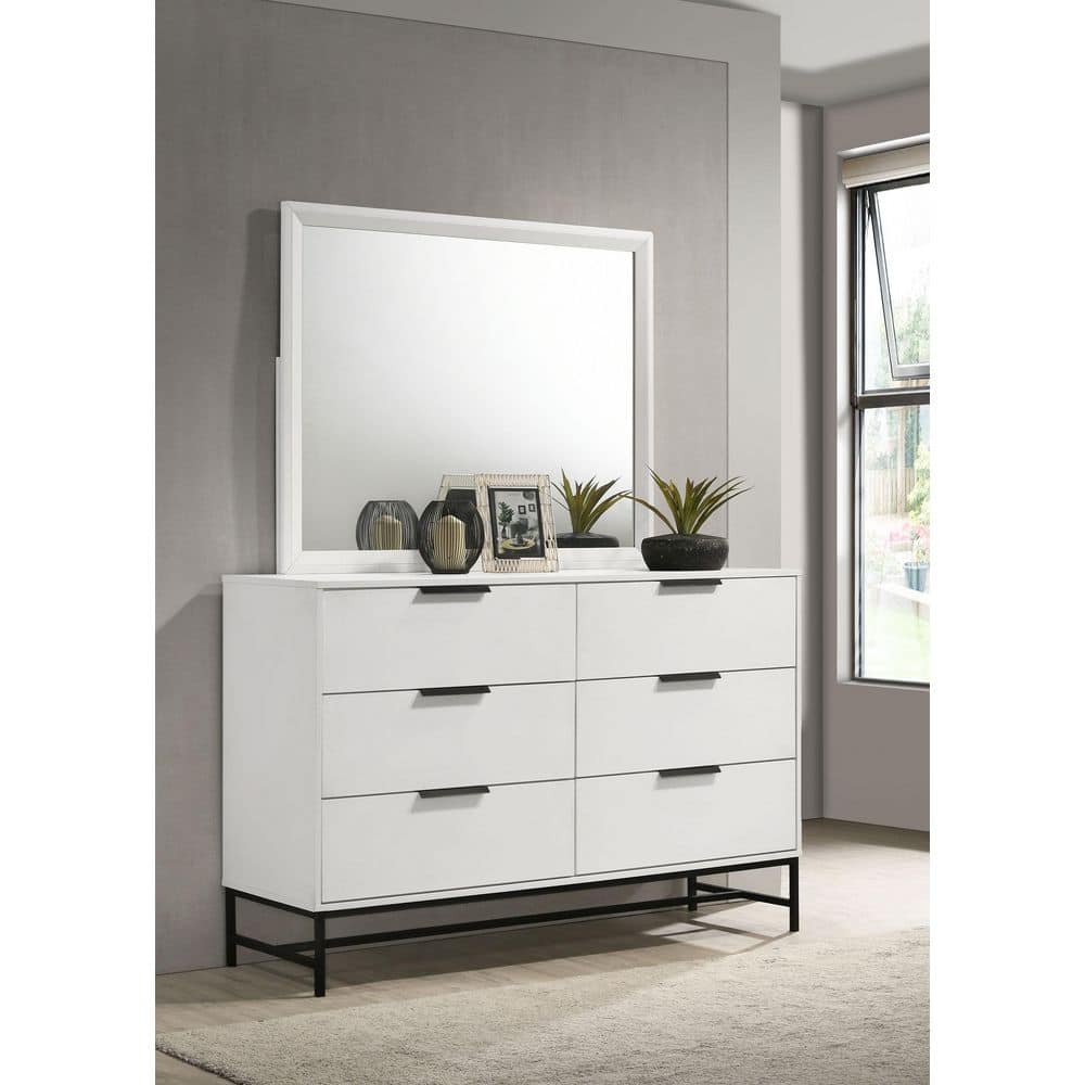 Sonora White 6-Drawer Dresser with Mirror and Black Hardware