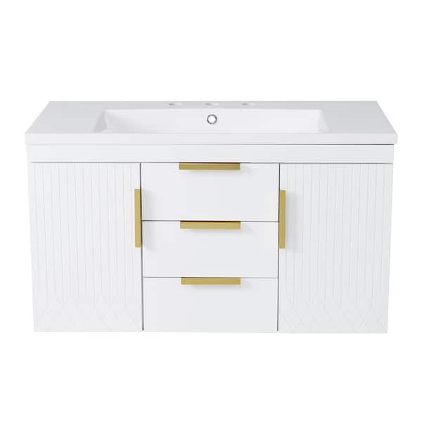 36 in. Single Sink Floating White Bath Vanity with White Resin Top, 2 Drawers and 2 Cabinets, Rust-resistant Handles