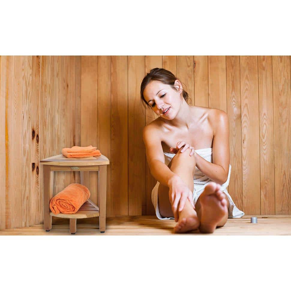 18" EarthyTeak Solid Teak Corner Shower Bench with Shelf
