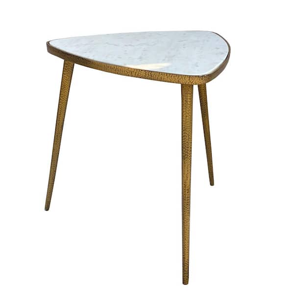 Benjara 20 in. W White and Gold Plectrum Shape Marble Top Accent End Table with Metal Tripod Base
