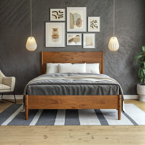 Mid Century Dark Pecan Brown Wood Frame Queen Platform Bed