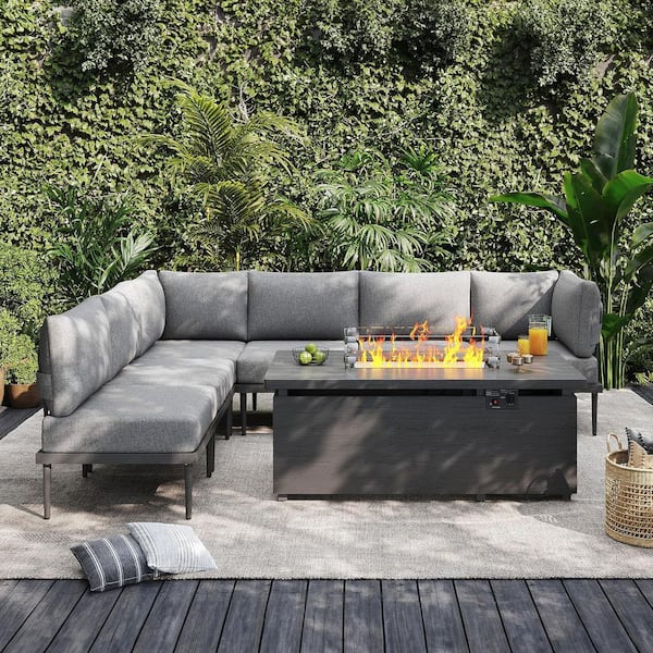 7-Piece Metal Patio Conversation Set with 51in. Gray Fire Pit, Outdoor Furniture Set with Cushions and Gray Frame
