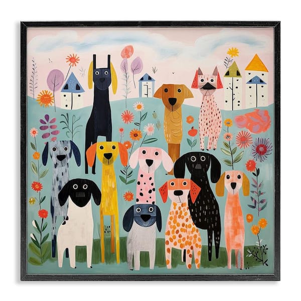 Patterned Dogs in Yard by Lazar Studio Black Framed Giclee Art Print Animal 12 in. x 12 in.