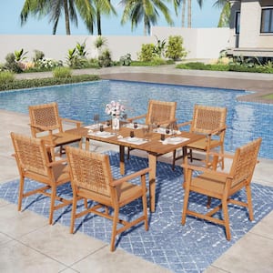 Brown 7-Piece Outdoor Patio Dining Set With Acacia Rectangular Table and Acacia wooden Chairs