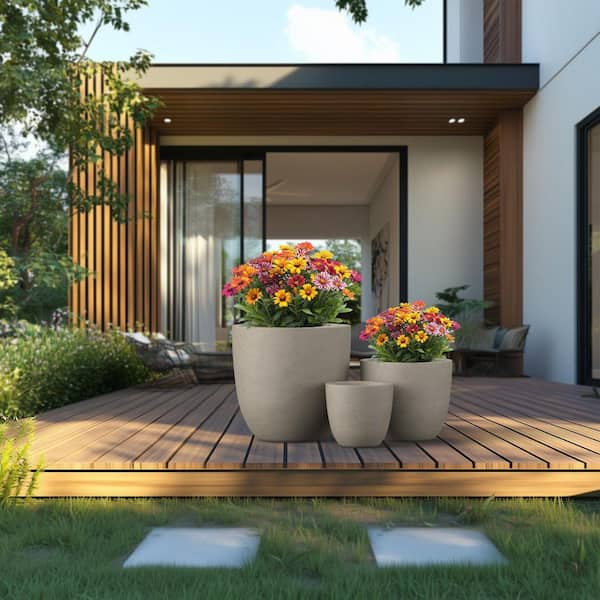 10 in. 14 in. 18 in. Light Gray(Enhanced Core) Concrete Round Planter / Pot with Drainage Holes (3-Pack)