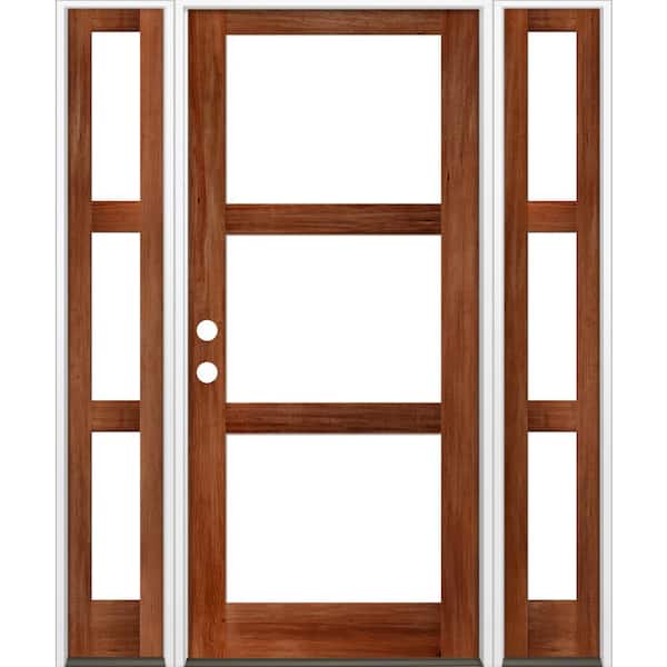 70 in. x 96 in. Modern Hemlock Right-Hand/Inswing Clear Glass Red Chestnut Stain Wood Prehung Front Door with DSL