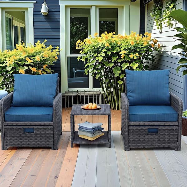 Gray Wicker Outdoor Sectional Set Chairs with Blue Cushion, Coffee Table 5-Pieces