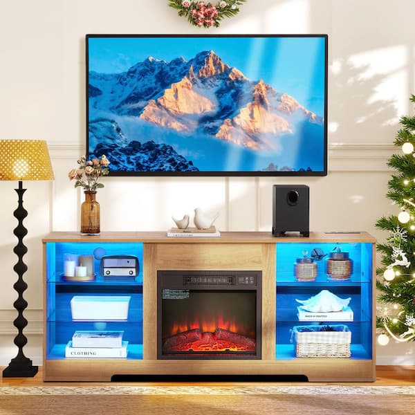 ToolCat 58 in TV Stand Electric Fireplace Glass Shelves, 3D Fireplace TV Stand with LED Lights Wood with USB Charging Outlet