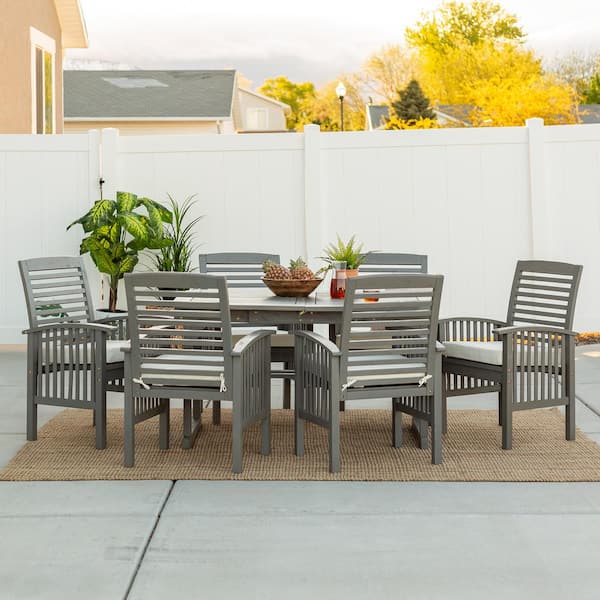 Walker Edison Furniture Company Grey Wash 7-Piece Classic Wood Patio Outdoor Dining Set with White Cushions