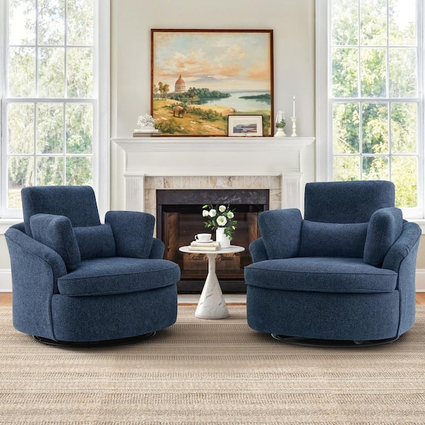 Cyris Oversized Blue Chenille Upholstered Swivel Accent Chair with 3 Removable Pillows Barrel Chair Set of 2