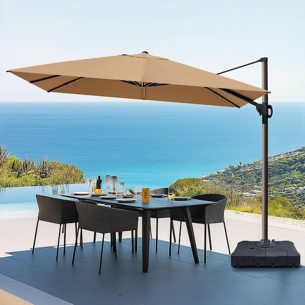 Pellebant 11.5 ft. x 9 ft. Aluminum Rectangular Tilt Outdoor 360° Rotation Cantilever Patio Umbrella in Tan with 260 lbs. Base