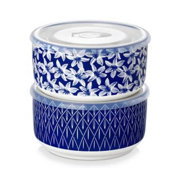 32 oz. 6 in. Blue and White Porcelain Bowls Set of 2 Floral Pattern Food Storage Bowl Set for Cereal Salad Pasta Fruit