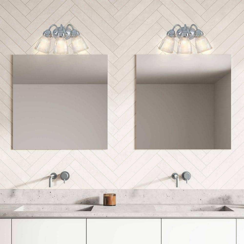 Kenvil Collection Chrome 3-Light Vanity with Clear Ribbed Glass
