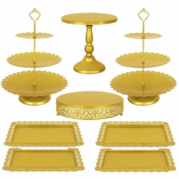 8-Piece Cake Stand Gold Metal Dessert Table Display Set, 3-Tier Cupcake Stand for Birthday Party, Weddings