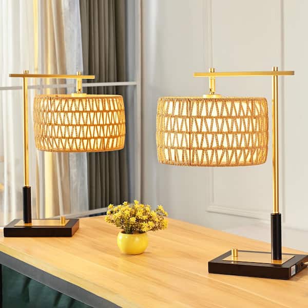 20 in. Gold Metal Table Lamp with USB Charging Port for Living Room and Bedroom (Set of 2)