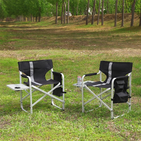 AULEDIO 2-Piece Metal Folding Outdoor Beach Chair with Side Table and Storage Pockets, Black