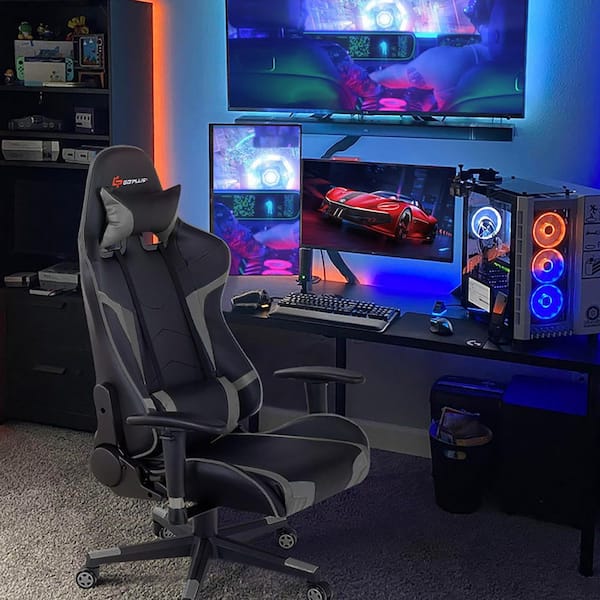 Gray Faux Leather Ergonomic Reclining Swivel Massage Gaming Computer Chair with Comfy Lumbar Support