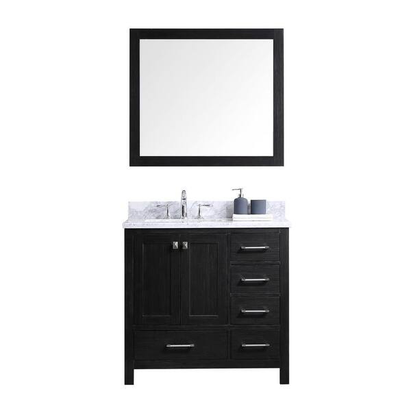 Virtu USA Caroline Premium 36 in. W Bath Vanity in Zebra Gray with Marble Vanity Top in White with Square Basin and Mirror